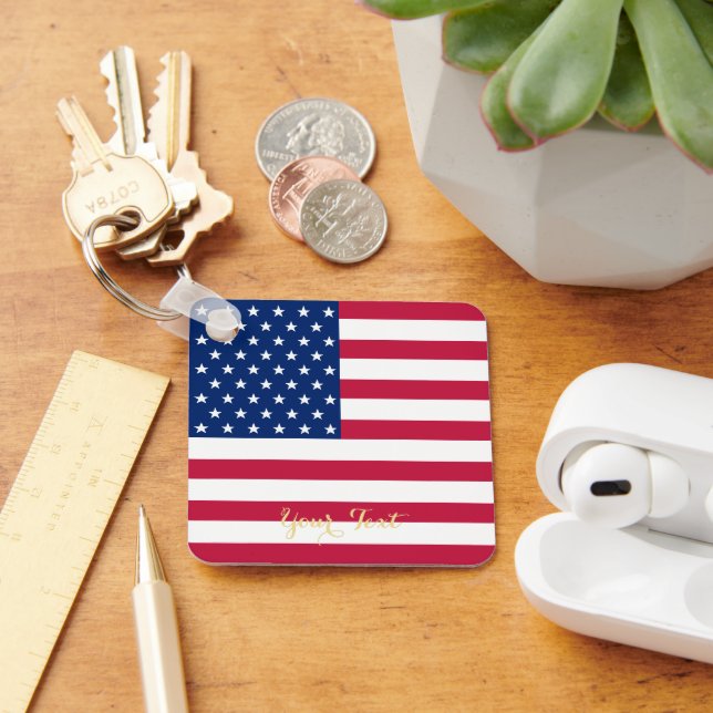 USA American Flag Patriotic Faux Gold Monogrammed Keychain (Desk)
