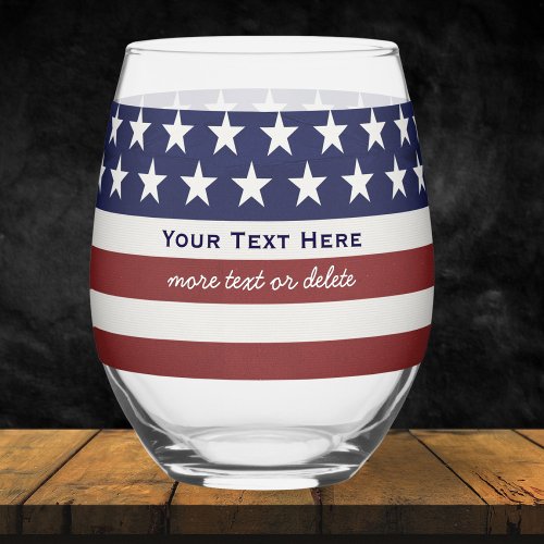 USA American Flag Patriotic July 4th Personalized Stemless Wine Glass