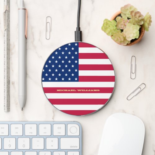 USA American Flag Patriotic Monogram Home Office Wireless Charger