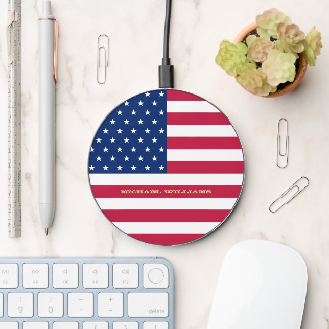 USA American Flag Patriotic Monogram Home Office Wireless Charger (Desk)