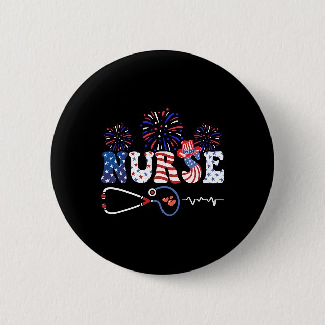 Usa American Flag Patriotic Nurse Stethoscope 4th  Button (Front)