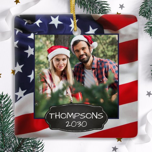 USA American Flag Patriotic Personalized 2 Photo Ceramic Ornament