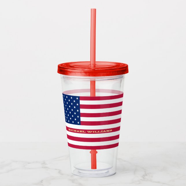 USA American Flag Patriotic Personalized Monogram Acrylic Tumbler (Front)