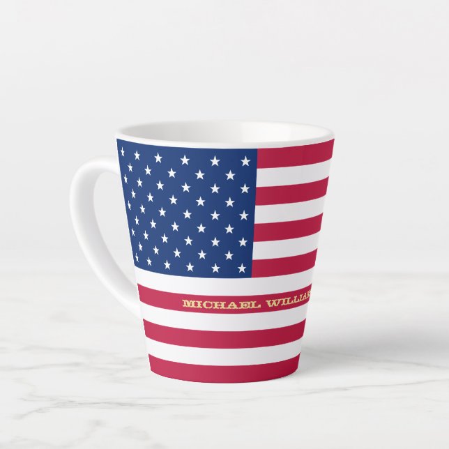 USA American Flag Patriotic Personalized Monogram Latte Mug (Left Angle)
