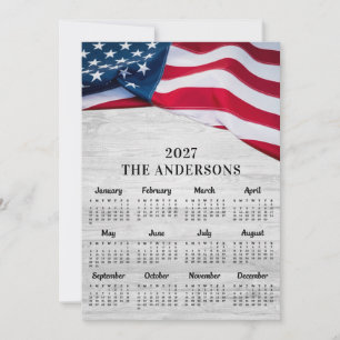 USA American Flag Patriotic Wood 12 Month Calendar Holiday Card