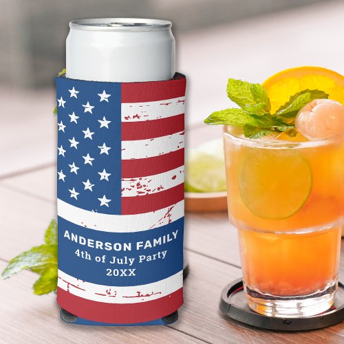 USA American Flag Personalized 4th Of July Party  Seltzer Can Cooler
