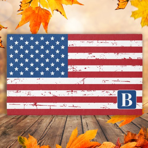 USA American Flag Personalized Monogram Military Outdoor Rug