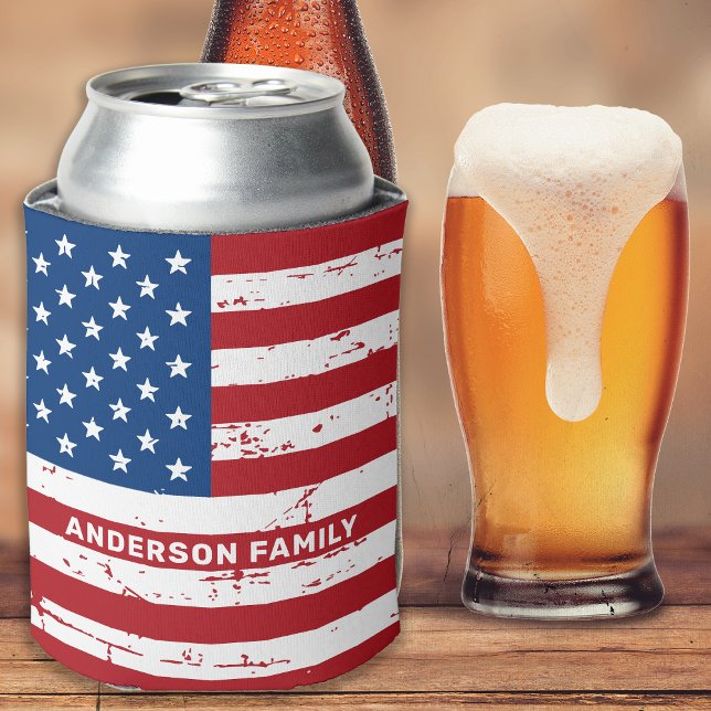 USA American Flag Personalized Red White Blue Can Cooler (Creator Uploaded)