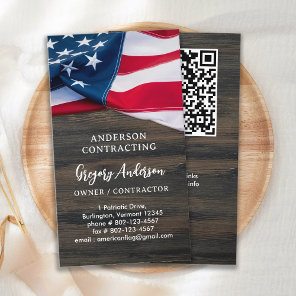 USA American Flag QR Code Rustic Wood Patriotic Business Card