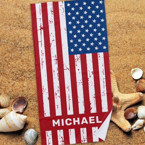 USA American Flag Red Blue Personalized Patriotic  Beach Towel