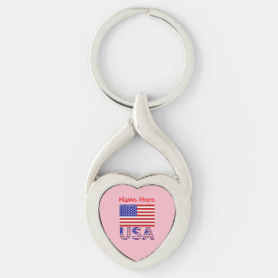 USA American Flag Red Personalized Heart Keychain