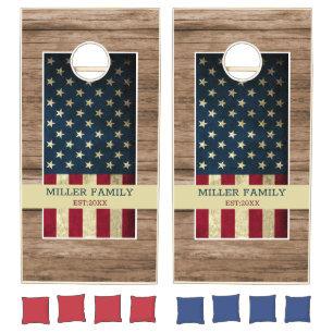 USA American Flag Rustic Wood Family Name Cornhole Set