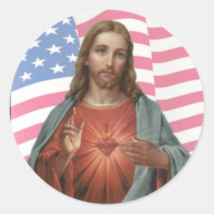 USA AMERICAN FLAG SACRED HEART OF JESUS CLASSIC ROUND STICKER