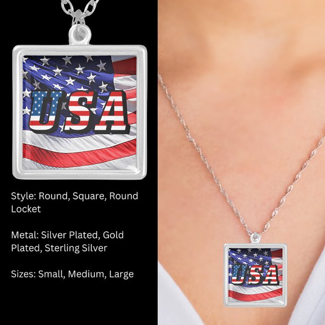USA - American Flag Square Silver Plated Necklace (USA - American Flag Square Silver Plated Necklace)