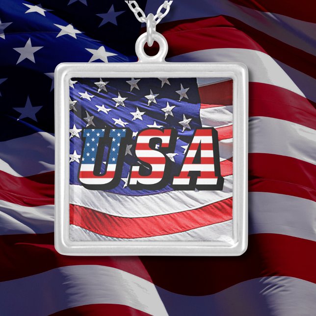 USA - American Flag Square Silver Plated Necklace (USA - American Flag Square Silver Plated Necklace)