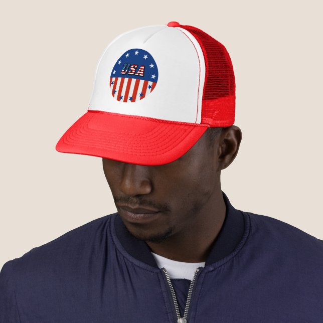 USA - American Flag & Stars in Circle Trucker Hat (In Situ)