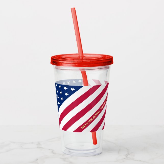 USA American Flag Stars Stripes Custom Monogrammed Acrylic Tumbler (Left)