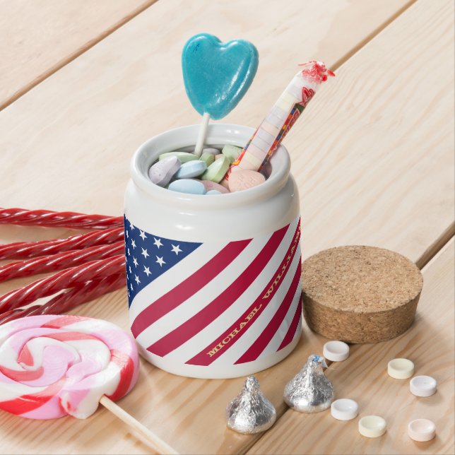 USA American Flag Stars Stripes Custom Monogrammed Candy Jar (In Situ)