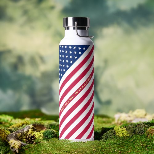 USA American Flag Stars Stripes Custom Monogrammed Water Bottle