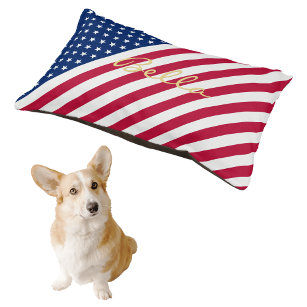 USA American Flag Stars Stripes Dog Cat Name Plush Pet Bed