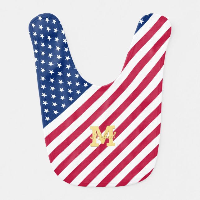 USA American Flag Stars Stripes Gold Monogram Soft Baby Bib (Front)