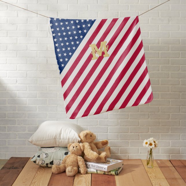 USA American Flag Stars Stripes Gold Monogram Soft Baby Blanket (In Situ)