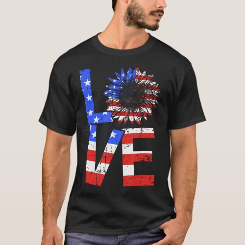 Usa American Flag Sunflower Love For 4Th Of July T_Shirt
