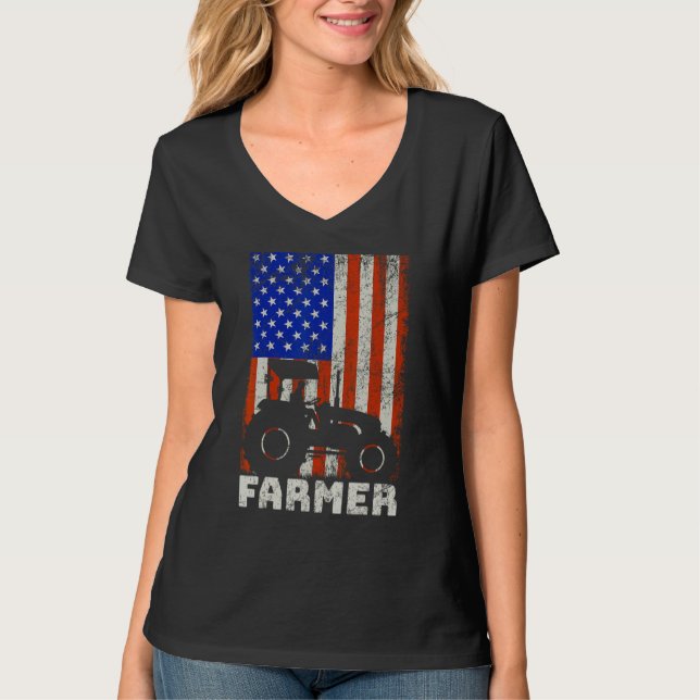 USA American Flag Tractors Farming T-Shirt (Front)