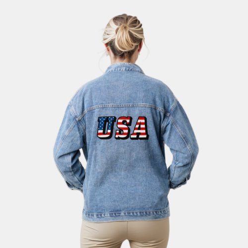 USA American Flag Unique Font Womens Denim Jacket