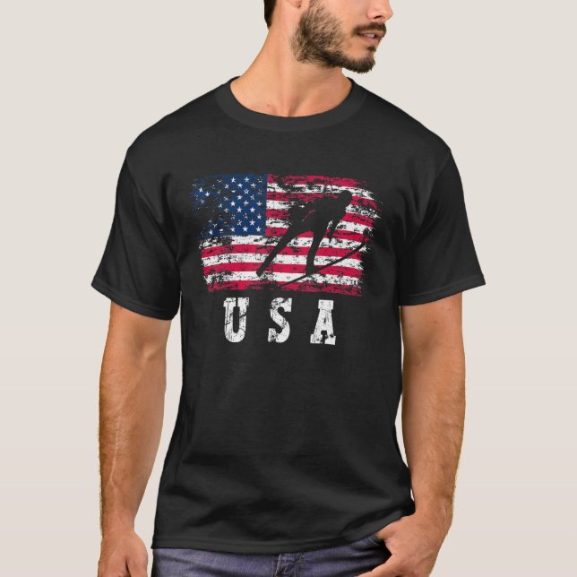USA American Flag Winter Sports Ski Jumping T-Shirt (Front)