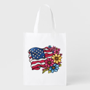 USA American Flag with Flowers Patriotic Grocery Bag