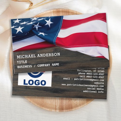 USA American Flag Your Logo Rustic Wood Patriotic  Business Card
