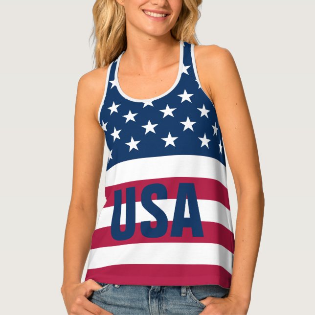 USA American Patriotic Red Blue Customizable Flag Tank Top (Front)