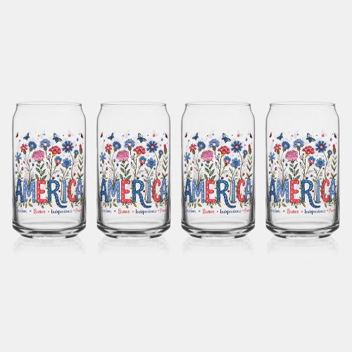USA American Wildflowers Patriotic 4th of July Fun Can Glass