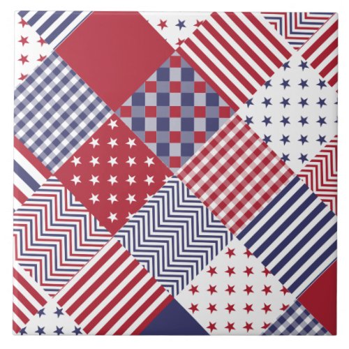 USA Americana Diagonal Red White  Blue Quilt Ceramic Tile