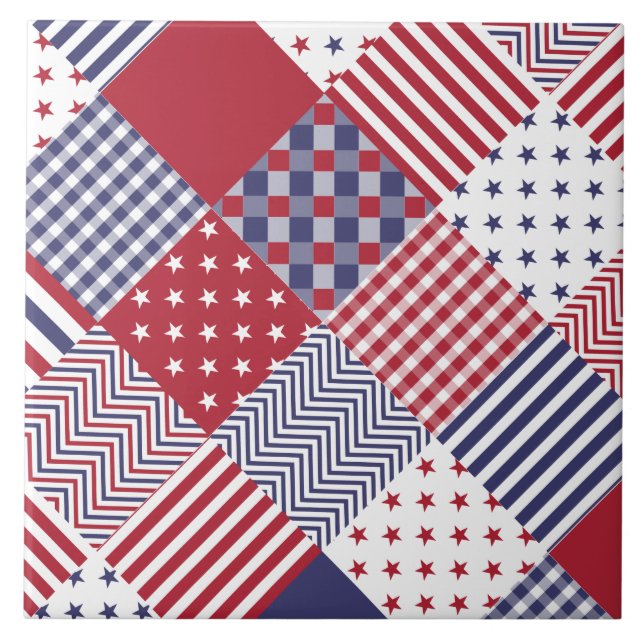 USA Americana Diagonal Red White & Blue Quilt Ceramic Tile (Front)