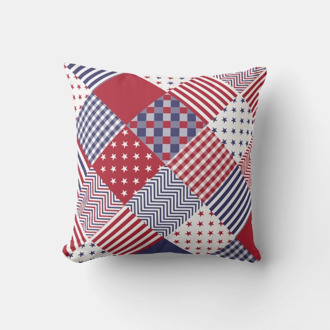 USA Americana Diagonal Red White & Blue Quilt Throw Pillow (Front)
