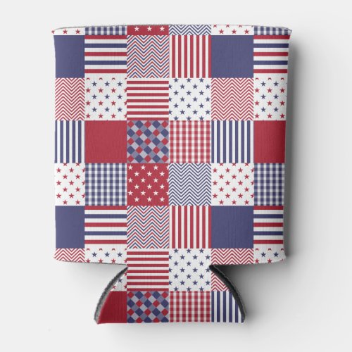 USA Americana Patchwork Red White  Blue Can Cooler