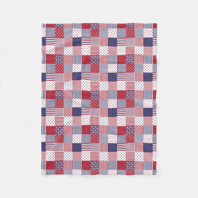 USA Americana Patchwork Red White & Blue Fleece Blanket (Front)
