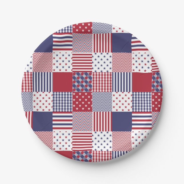 USA Americana Patchwork Red White & Blue Paper Plates (Front)