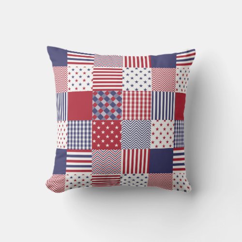 USA Americana Patchwork Red White  Blue Quilt Throw Pillow