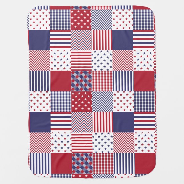 USA Americana Patchwork Red White & Blue Receiving Blanket (Front)