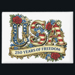 USA America's 250th Anniversary Magnet<br><div class="desc">Celebrate this extra special milestone Independence day with an anniversary magnet! This magnet features USA in bold red letters with a stars and stripes patterned with additional lettering that says "250 years of freedom."   Perfect for celebrating the 250th anniversary of America.</div>