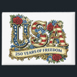 USA America's 250th Anniversary Magnet<br><div class="desc">Celebrate this extra special milestone Independence day with an anniversary magnet! This magnet features USA in bold red letters with a stars and stripes patterned with additional lettering that says "250 years of freedom."   Perfect for celebrating the 250th anniversary of America.</div>