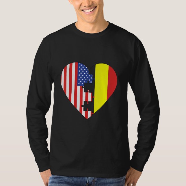 USA and Belgium Flags Heart T-Shirt (Front)