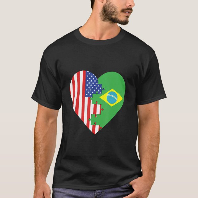 USA and Brazil Flags Heart T-Shirt (Front)