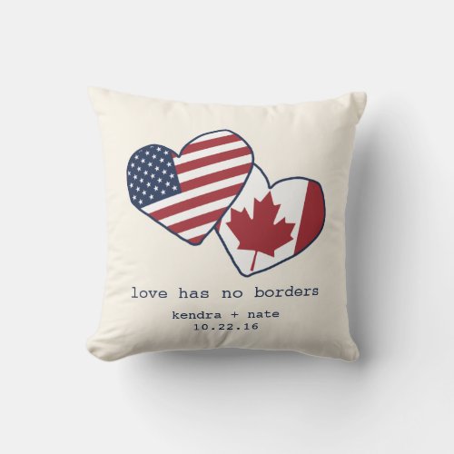 USA and Canada Heart Flags Wedding Throw Pillow