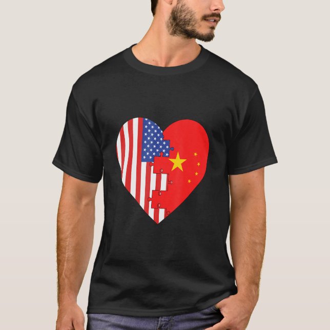 USA and China Flags Heart T-Shirt (Front)