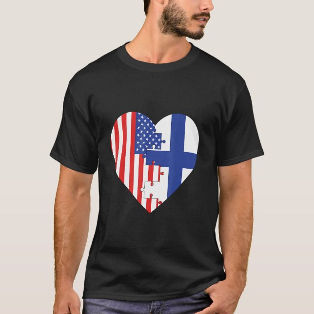 USA and Finland Flags Heart T-Shirt (Front)