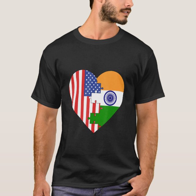 USA and India Flags Heart T-Shirt (Front)